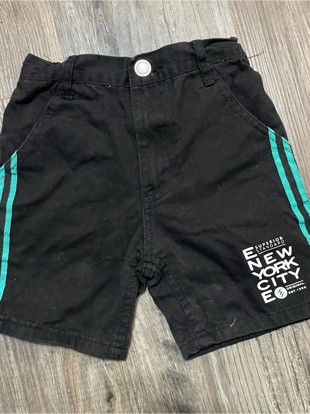 Enyce Kids Black Shorts with Teal Side Stripes - New York City Graphic